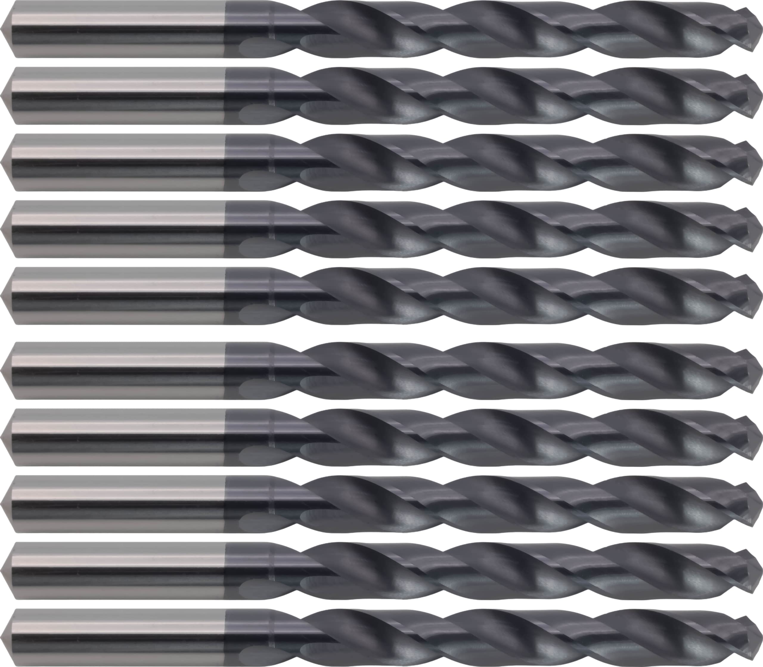 10 pcs Solid Carbide Drill Bits, Jobber Length, 1/4" Drill Diameter, 135° Point Angle, TiAlN Coated