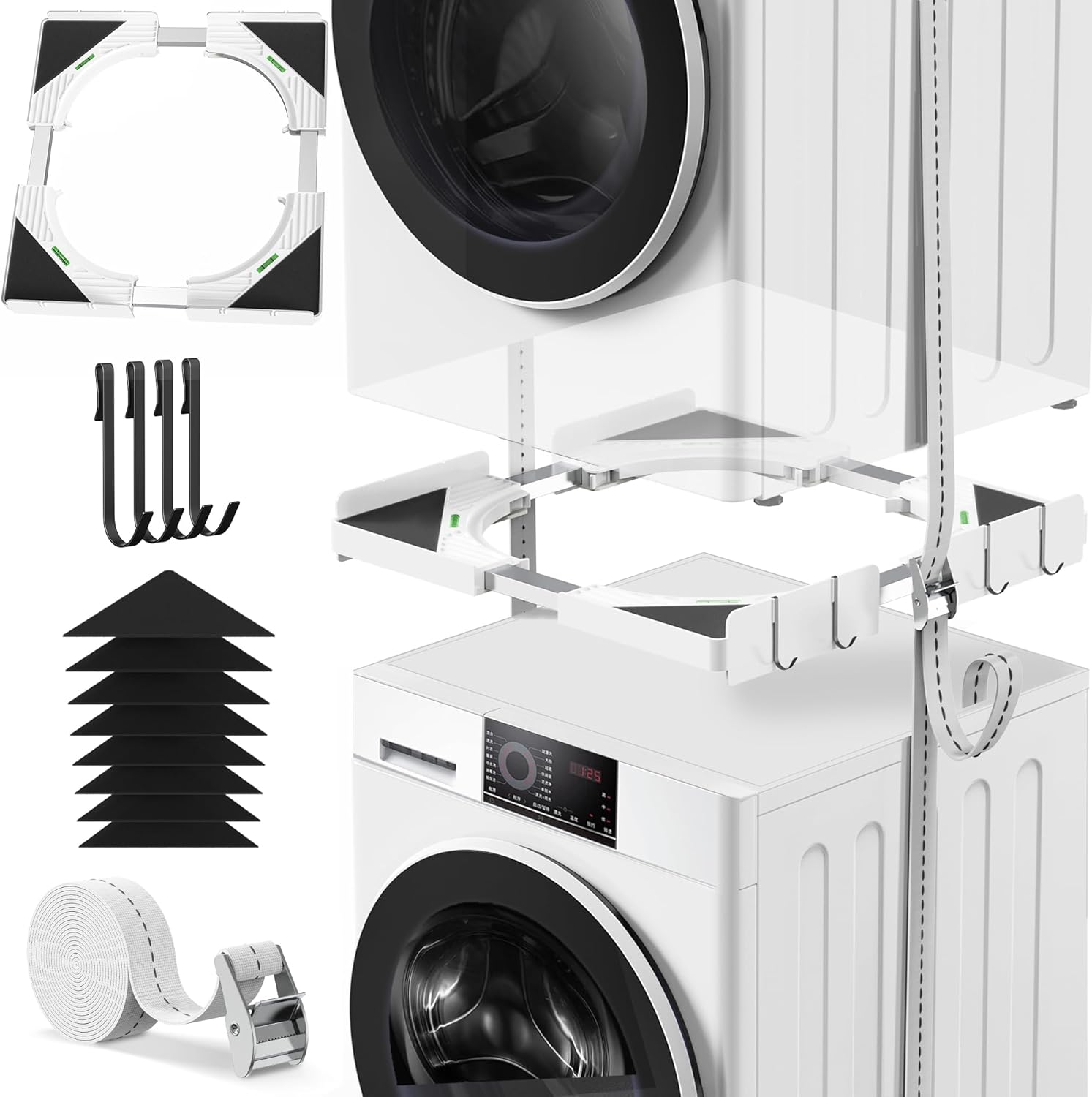 Ultrasottile Kit Sovrapposizione Lavatrice & Asciugatrice Universale | Sistema di Impilaggio Regolabile 45-68cm/ Con 4 ganci | Anti-Vibrazione & Installazione Senza Fori per Candy/Whirlpool (Bianco)