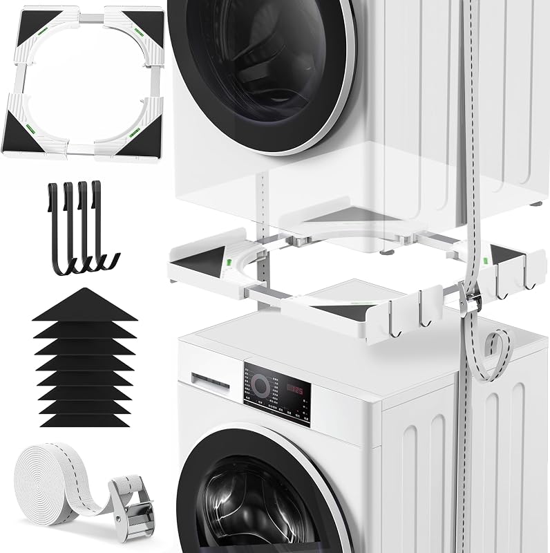 Ultra Slim Universal Washing Machine & Dryer Overlay Kit | Adjustable Stacking System 45-68 cm / with 4 Hooks | Anti-Vibration & Installation Without Holes for Candy/Whirlpool (White)