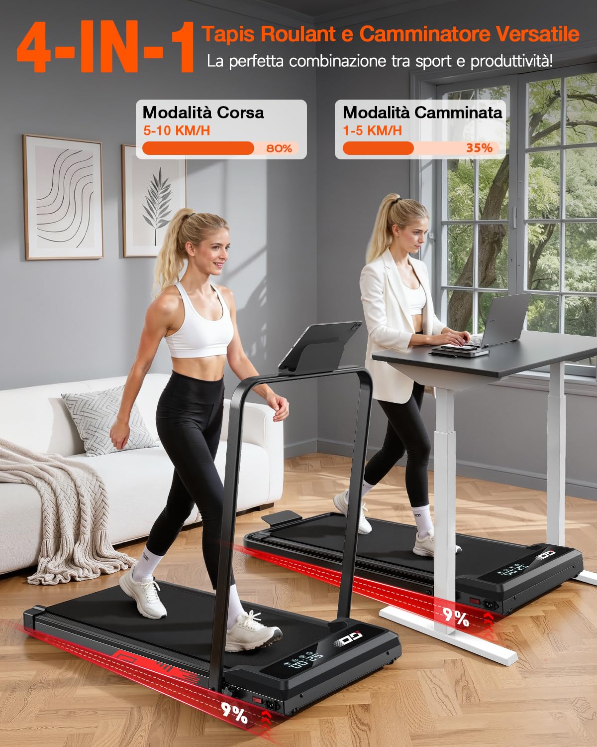 Tapis Roulant Elettrico Pieghevole, 9% Pendenza, 1-10 km/h, 3,0 CV | Casa e ufficio, <35 dB, LED, telecomando, 5 strati antiscivolo, 8 ammortizzatori, 9 cm piegato, ruote trasporto