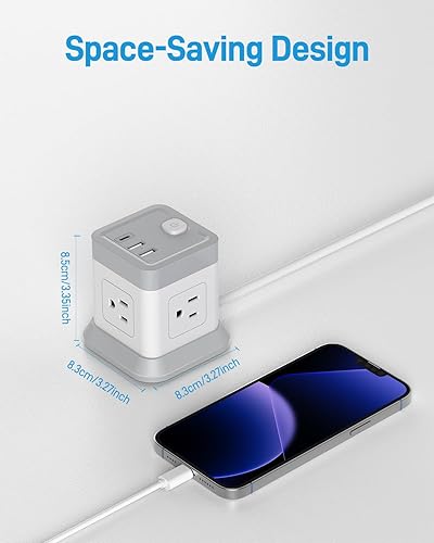 Miniatura 6 de Regleta de alimentación con 4 tomacorrientes, 3 puertos USB, cable de extensión de cubo BEVA, enchufe plano, estación de carga de escritorio pequeña