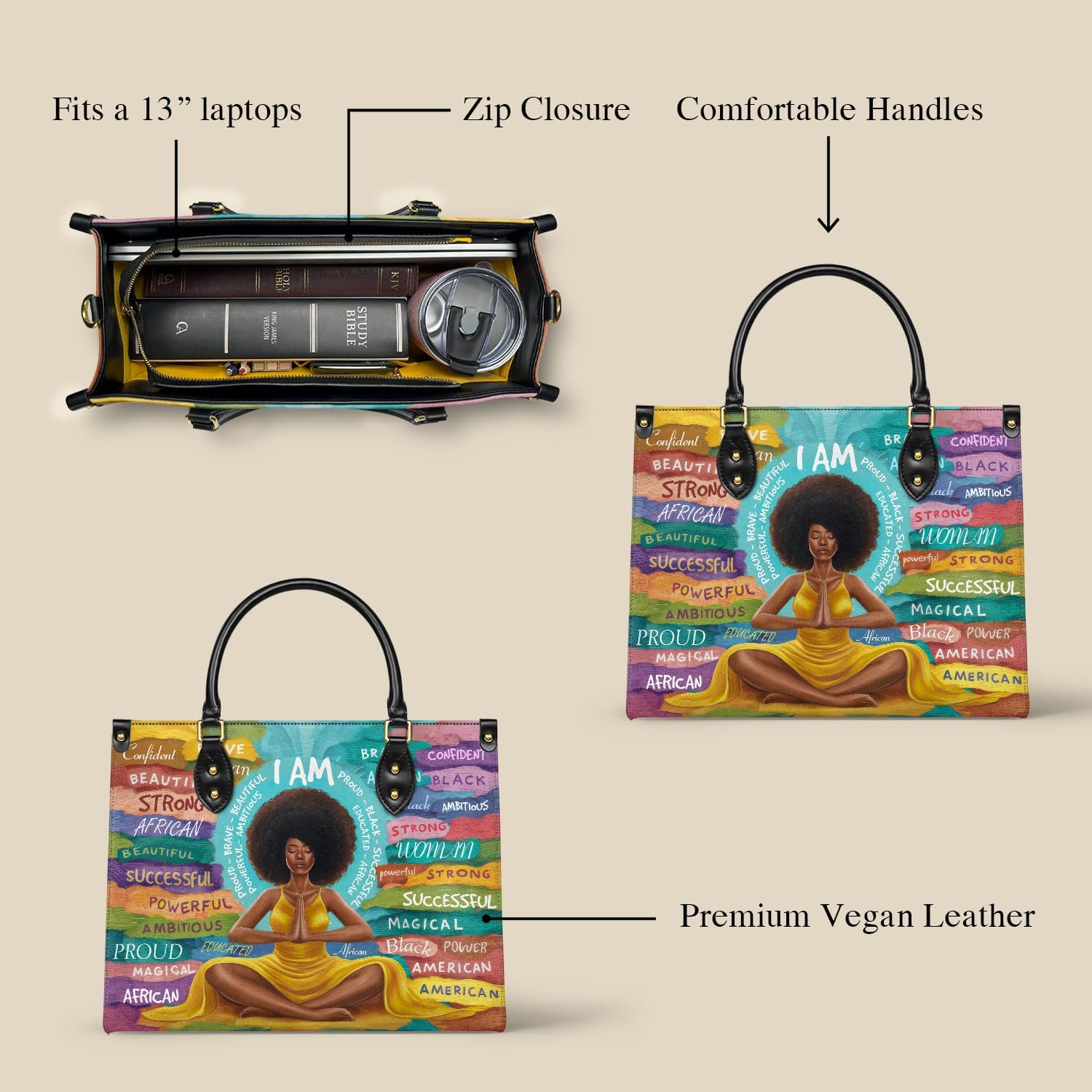 Afroyla African Black Women's Leather Bag, Medium Size, Premium Vegan Leather, Valentine's Day Gifts for Her, Wife, or Mother - Image 7