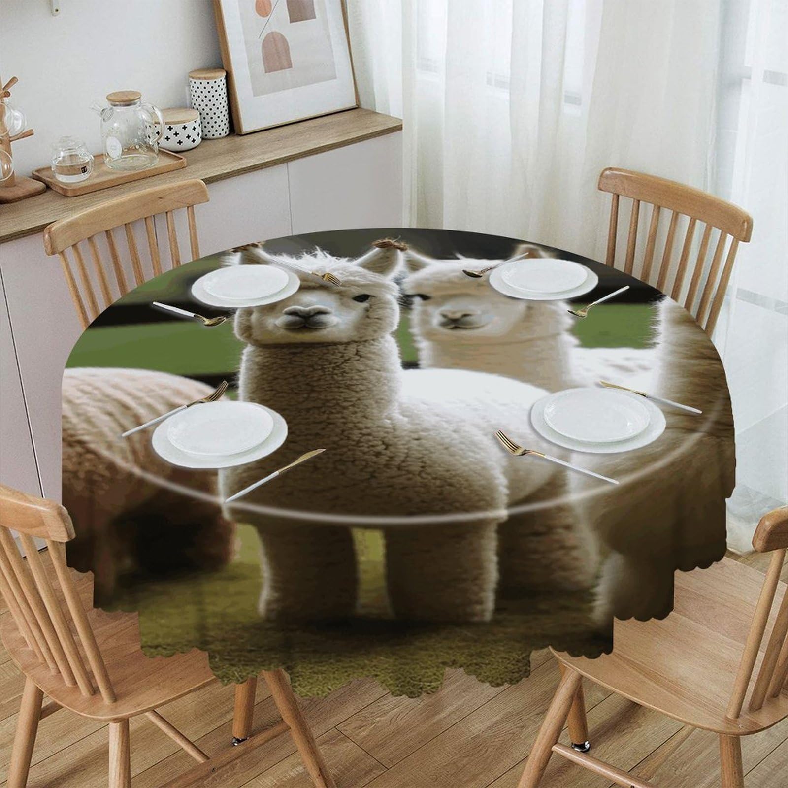 VstaDank Alpaca Family Round Tablecloth 60 Inch Easy to Clean Circle Table Cover Thick Decorative Round Polyester Table Cloth for Dining Kitchen Party Farmhouse Outdoor