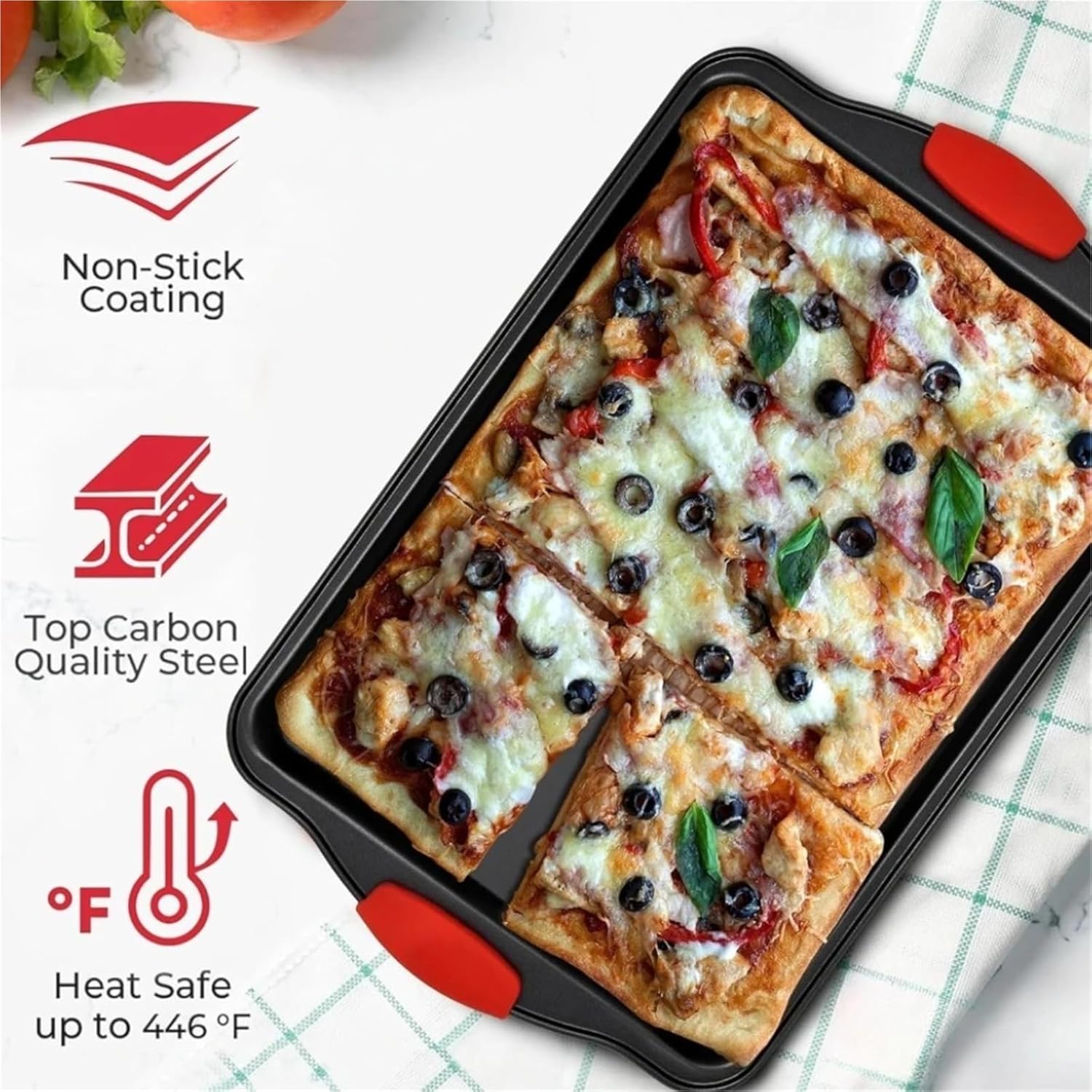 Non-stick carbon steel baking pan set with silicone handles,stackable, suitable for baking cookies, pizzas, bread，and muffins(S)