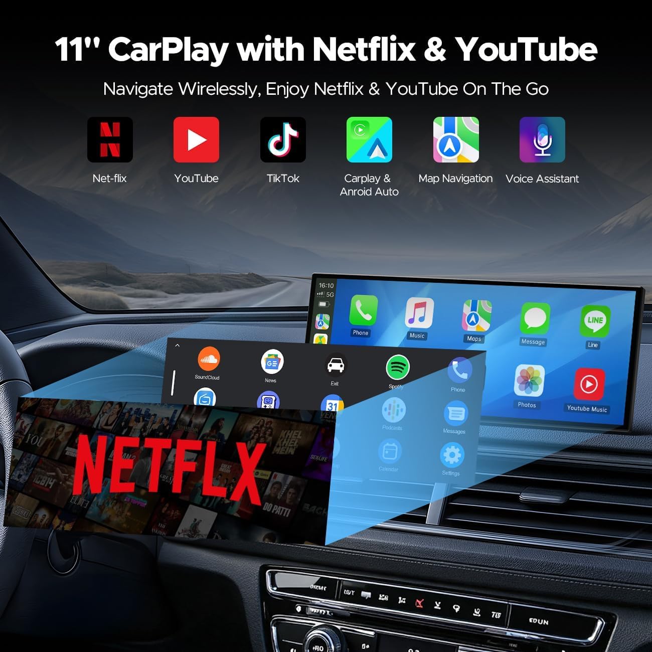 Volam 10.25 Pulgadas Pantalla Coche Inalámbrico Carplay con net-flix YouTube/Tik Tok,Carplay y Android Auto,pantalla carplay coche con 1080P Cámara de marcha atrás,Navegador GPS,2.4G/5G WLAN Bluetooth