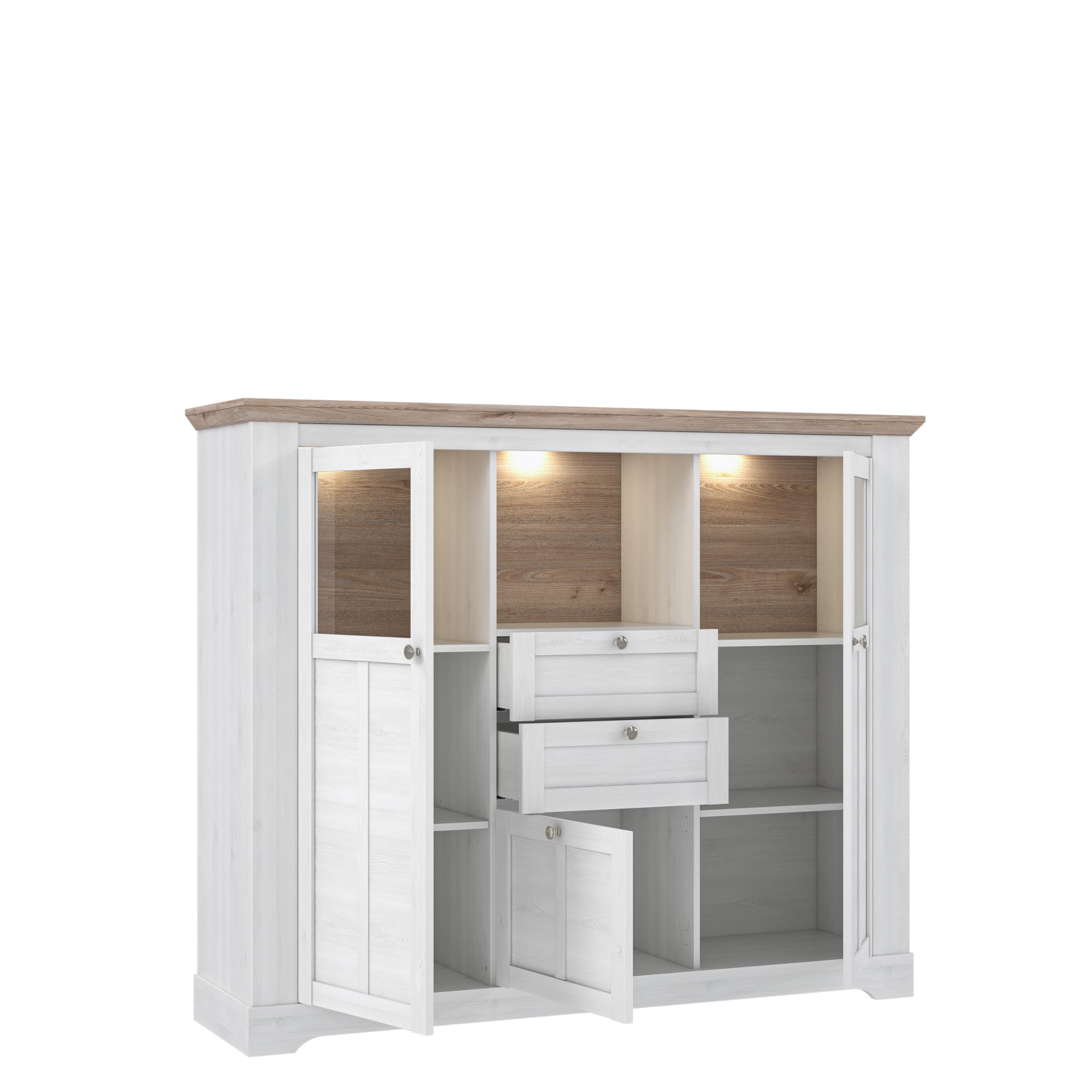 Forte ILOPPA Vitrine 165, Vitrine mit 3 Türen und 2 Schubladen, Vitrinenschrank im Landhausstil, Holzwerkstoff, Nelson Eiche/Schneeeiche Holzdekor, 165 cm breit x 136,1 cm hoch x 44,3 cm tief