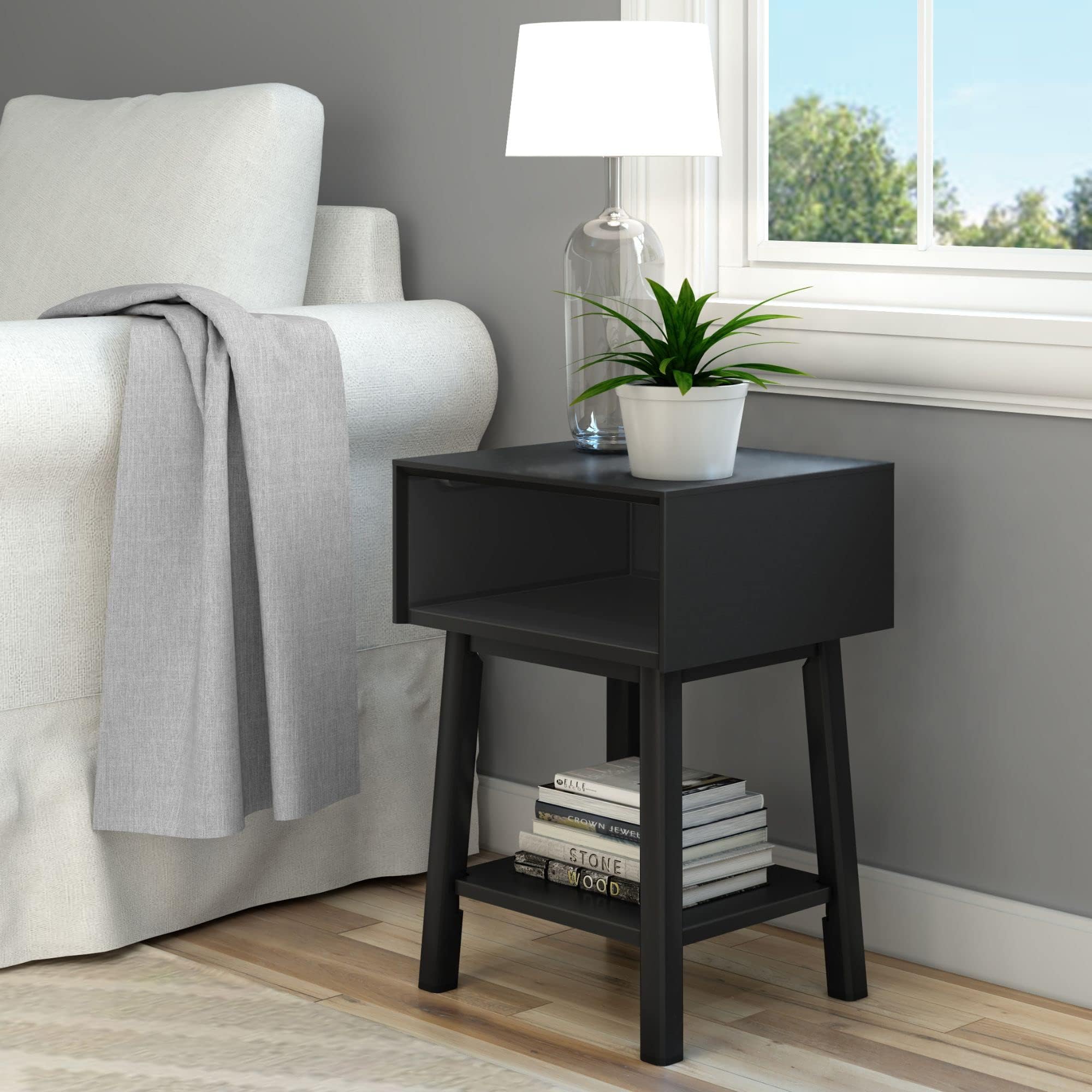 Plank+Beam Wooden Side Table with Cubby Storage Shelf, Mid Century Modern End Tables for Living Room, Small Solid Wood Nightstand, Bedside Tables, Bedroom Furniture, Black