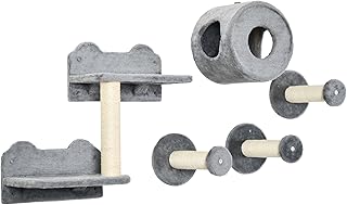 PawHut 5PCs Cat Wall Shelves, Pet Wall-Mounted Climbing Shelf Set, Kitten Activity Center with Condo, Cushion, Scratching Post, Jumping Platform, Brown
