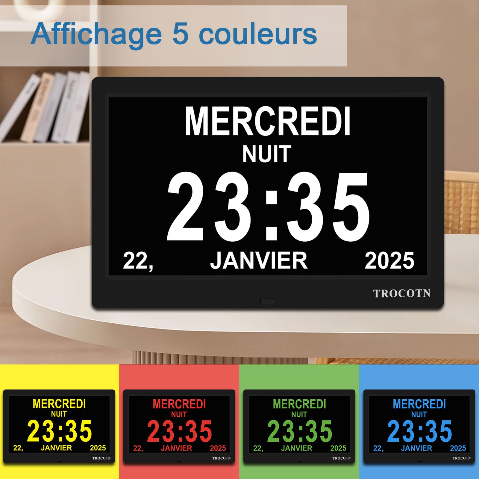 TROCOTN Horloge numérique Horloge de Jour Grand écran réveil Murale (Noir, 10 Pouces)