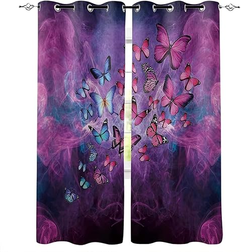 Cortinas opacas de color azul y morado, cortinas de ventana 3D irreal, con aislamiento térmico impreso, oscurecimiento con ojales para sala de estar