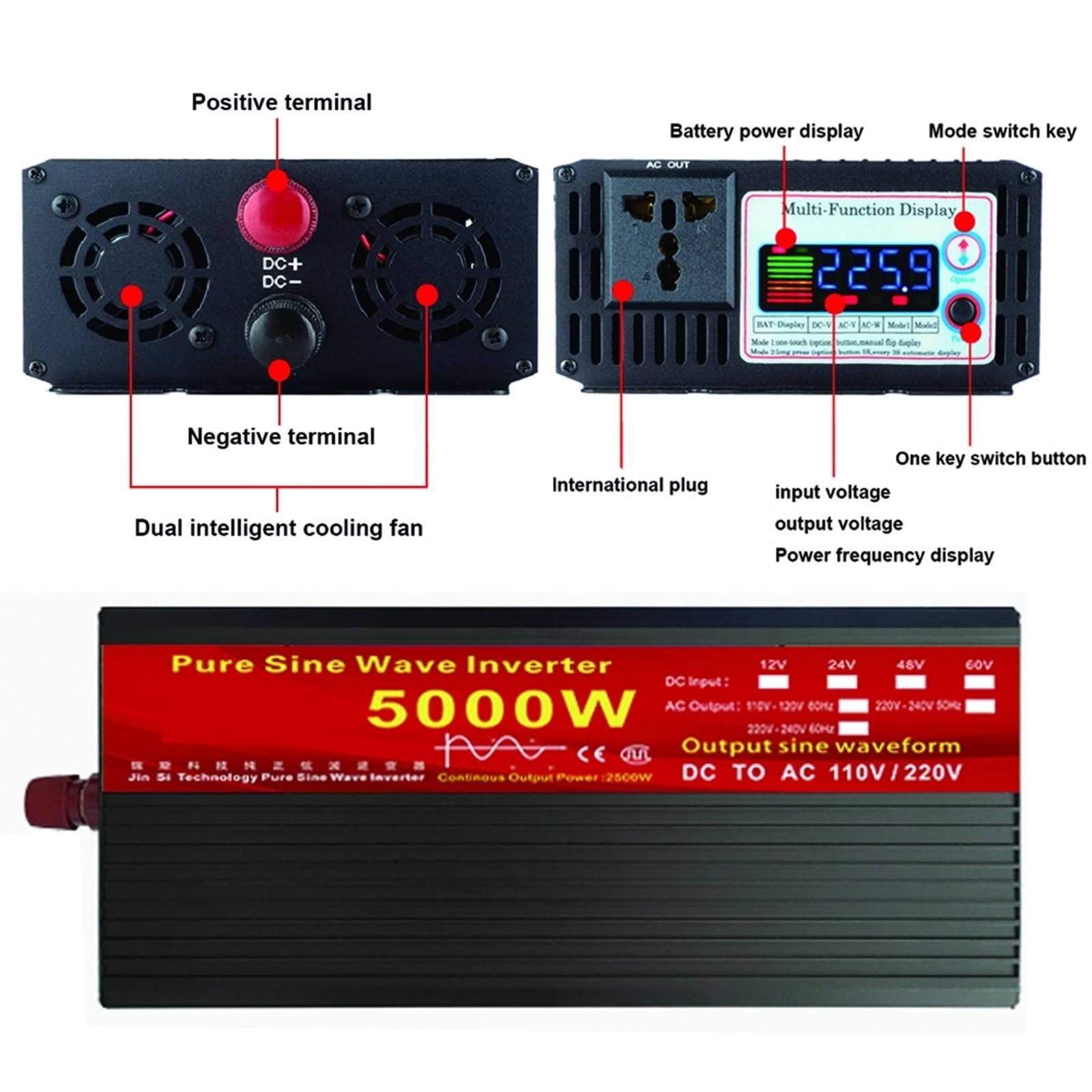 Inverter a onda sinusoidale pura Inverter a onda sinusoidale pura 12V 24V 220 110 2000W 3000W 4000W 5000W Trasformatore di tensione Convertitore di potenza Inverter solare(3000W,48V)
