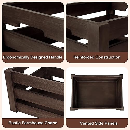 Miniatura 5 de Juego de 3 cajas de madera rústica con asas, cajas de almacenamiento decorativas de granja, cestas de exhibición de madera recuperada para