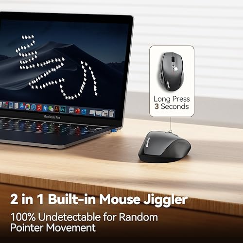 Miniatura 2 de TECKNET Ratón inalámbrico Jiggler, mouse recargable USB-C, mouse silencioso con adaptador USB-C, mouse ergonómico de 6400 DPI, motor de mouse