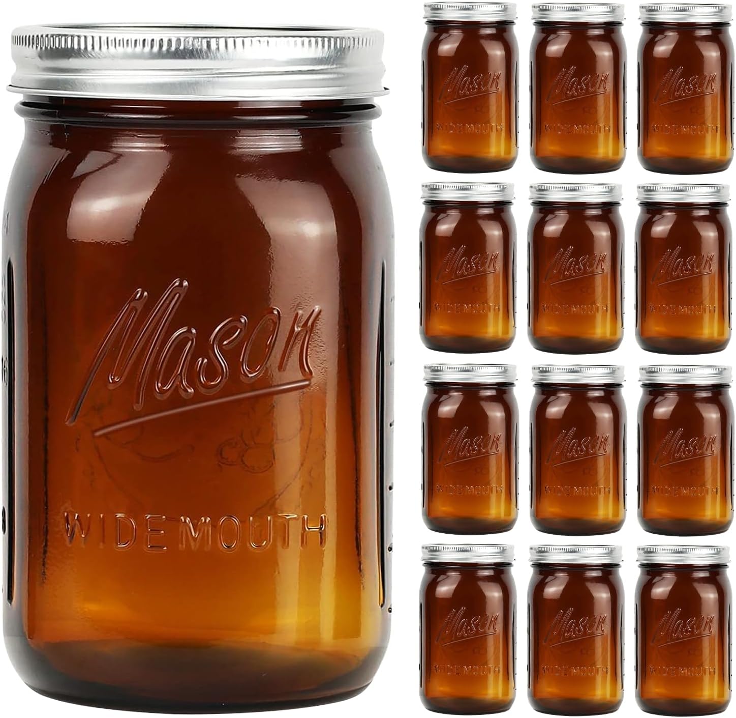Amber Wide Mouth Mason Jars 32 oz with Metal Airtight Lids - Vintage Quart Size Glass Mason Jars for Food Storage, Canning, Preserving, Fermenting, Pickling, Meal Prep & DIY Crafts, 12 Pack