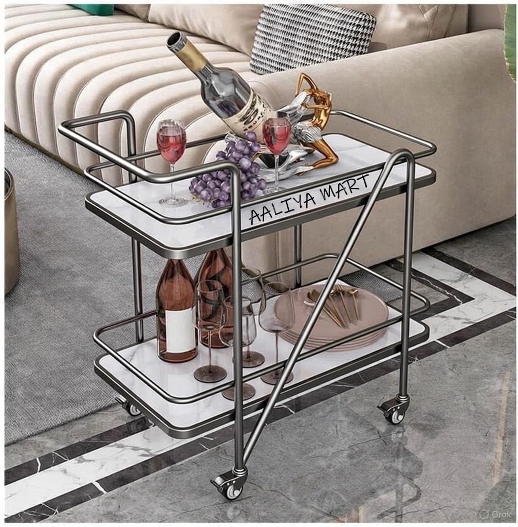 Modern 2-Tier Bar Trolley with Wheels | Metal Serving Cart for Living Room & Dining | Rolling Tea Coffee Drink Cart with Brake Wheels/Serving Trolly (Silver & White)