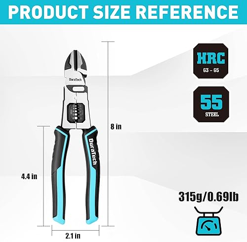 Miniatura 7 de DURATECH Alicates de corte diagonal 4 en 1, alicates de corte lateral multifunción de 8 pulgadas con pelacables, cortadores de alambre con mango