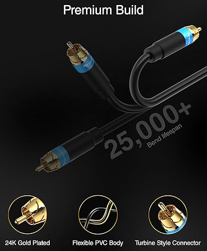 Miniatura 10 de BlueRigger Cable de subwoofer de audio RCA (15 pies, doble blindado, conectores RCA a RCA) - para subwoofer, amplificador, cine en casa