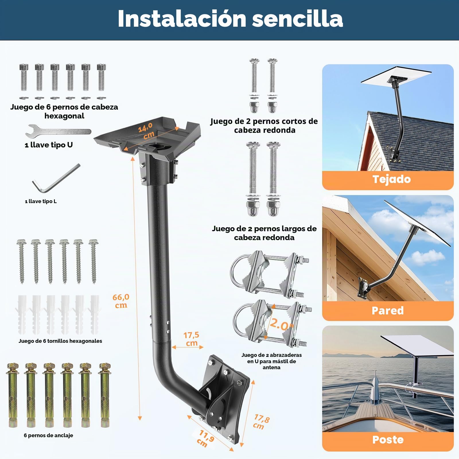 FOOING Kit de Montaje Starlink Gen 3 con 2 Abrazaderas en U - Soporte Ajustable para Poste y Pared Antena Satélite, Compatible con V3, Gen2 y Mini Starlink