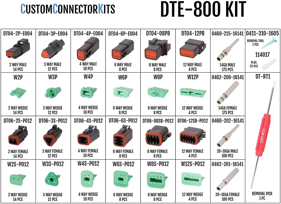 Deutsch DT Enhanced Sealed Pro Connector Kit DTE-800 Black with Crimp Tool: Black Enhanced Sealed Automotive Electrical Connectors 14-20 Gauge 800 Piece Kit with 4-Way Indent Crimp Tool