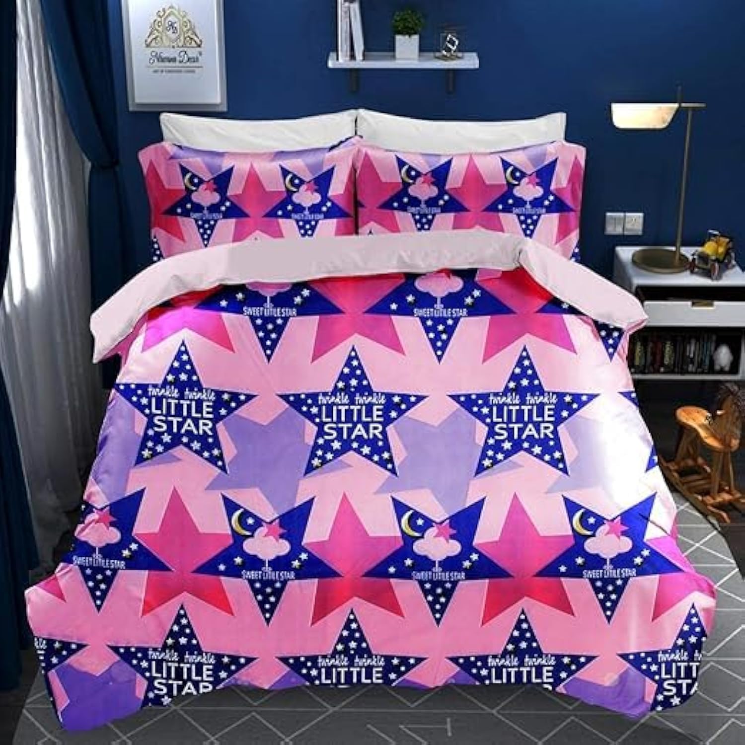100% Cotton Cartoon Printed Double Bed Sheet and Pillowcase set - Carton Printed Breathable Bed sheet and pillowcase - 90 x 100 Inch (230 CM* 250 CM) Queen Size Kid's bedsheet (Star)