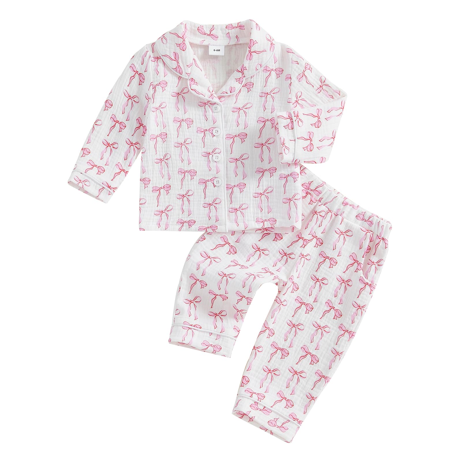 MAINESAKA Toddler Baby Girl Button Down Pajamas Cotton Linen Bow Print Long Sleeve Pjs Sets Fall Sleepwear Loungewear (White, 6-12 Months)