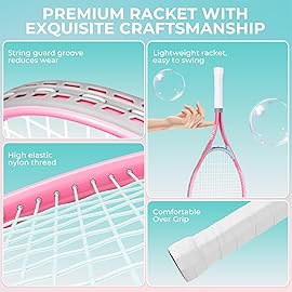 HIRALIY 27 Tennis Rackets Set for Adults, 2 Player Pre-Strung Tennis Racquets, 2 Overgrip Tapes,3 Balls, and 1 Carrying Bag, Outdoor Recreational Sport for Beginner (Pink/Green)
