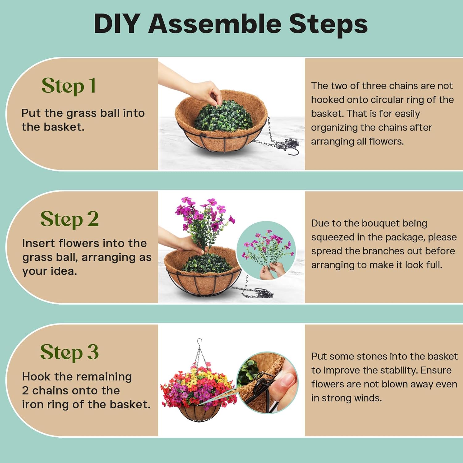 2 Pack Outdoor Artificial Flowers with Hanging Basket, Outdoor Fake Hanging Flowers for Spring Summer Front Porch Patio Yard Garden Home Decor (Red, Purple, Yellow, Hot Pink)