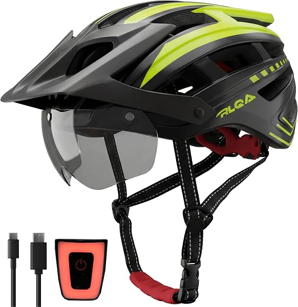 RLQA Casco Bicicleta Hombre Mujer – Casco para MTB y Carretera con Visera Magnética Desmontable y Gafas, 24 Orificios de Ventilación, Luz Trasera LED y Talla Ajustable - 1