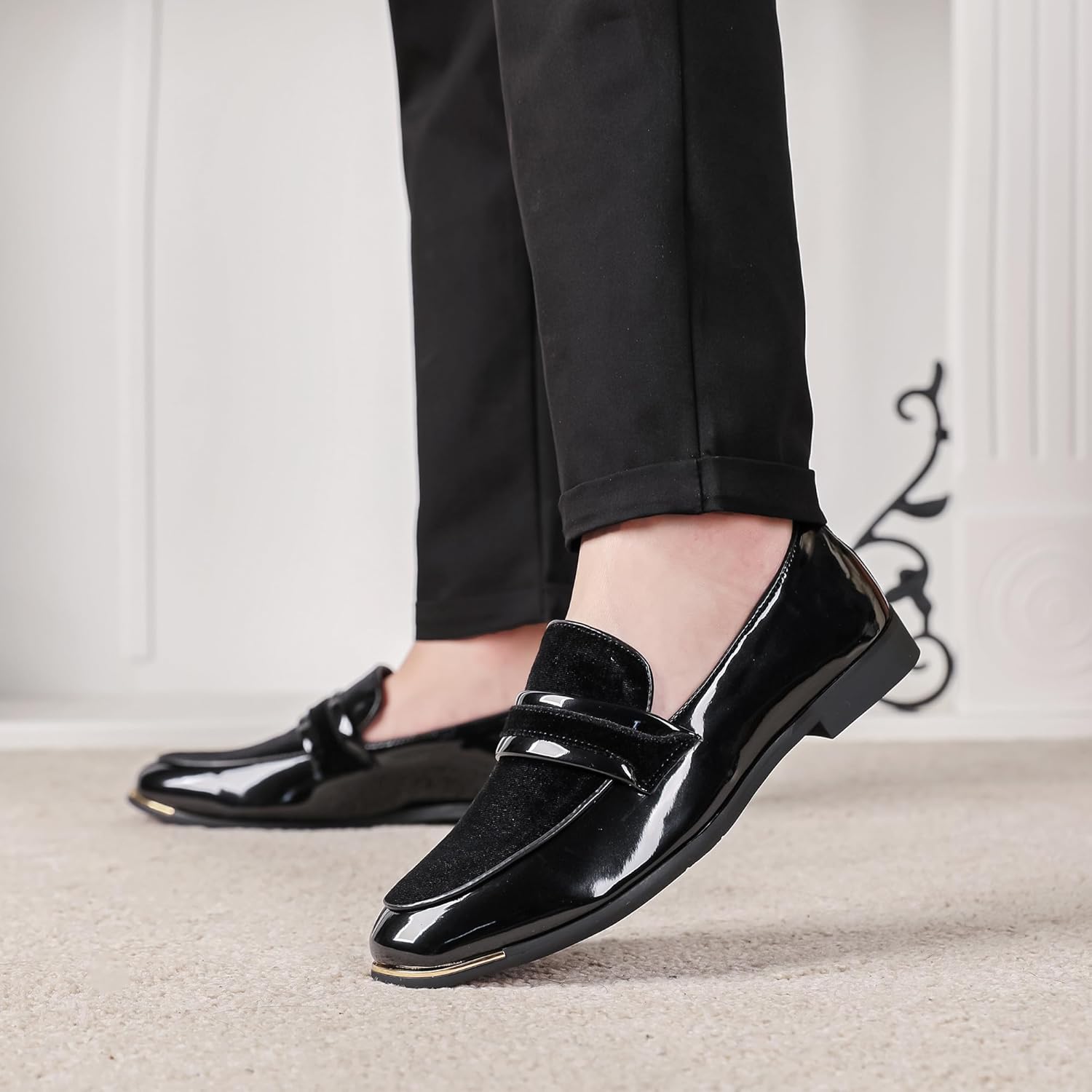 LCQL Men's Luxury Velvet Penny Loafers Patent Leather Oxford Classic Business Party Prom Club Dress Shoes Size 7-13