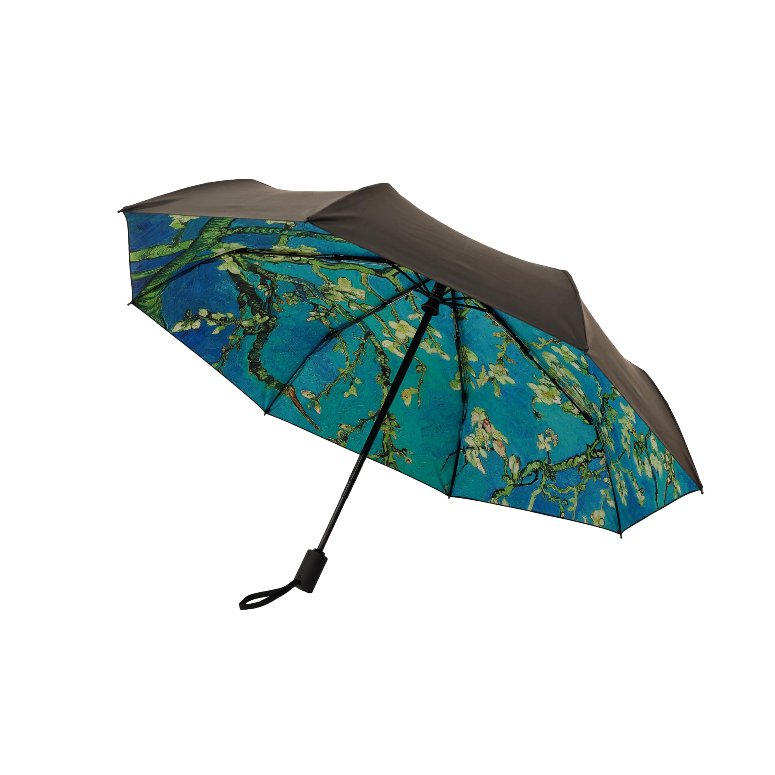Signare Tapestry Automatic Umbrella, Art Design, Double Layer Reverse Opening, Black Backdrop (Almond Blossom)