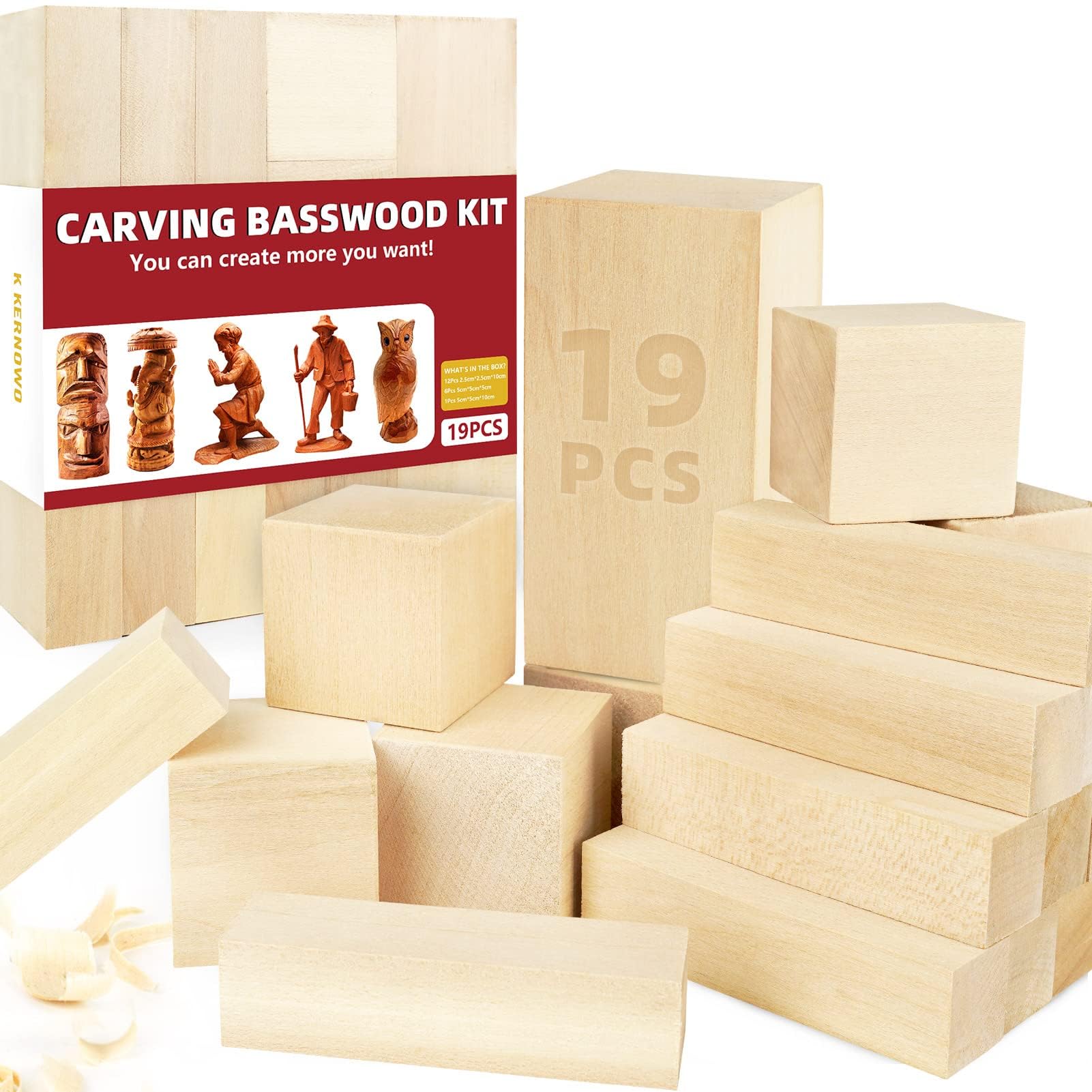 K KERNOWO Basswood Carving Blocks, 19PCS Whittling Wood Blocks with 3 Different Sizes, Unfinished Bass Wood for Carving Easy to Use, for Kids and Adults