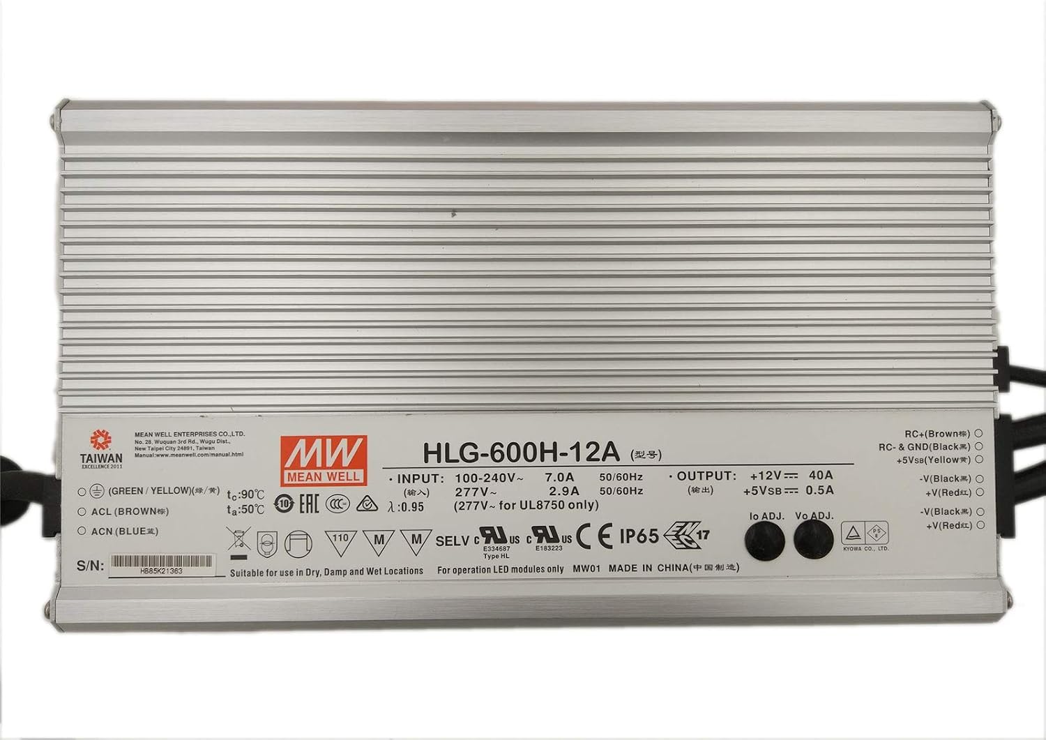 [PowerNex] Mean Well HLG-600H-12A 12V 40A 480WSingle Output Switching LED Power Supply with PFC