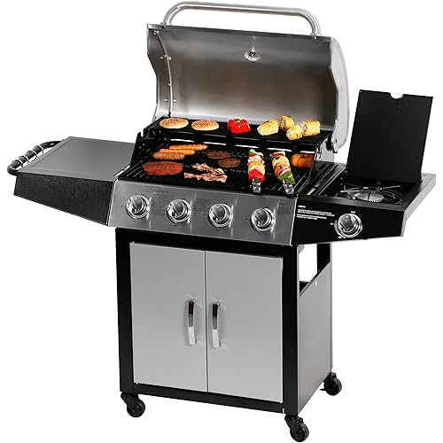 MASTER COOK 4+1 Burners Gas Grill, 518 Sqin Cooking Area, 52,000 BTU Propane Grill with Side Burner, Stainless Steel Cabinet Grill, Silver & Black