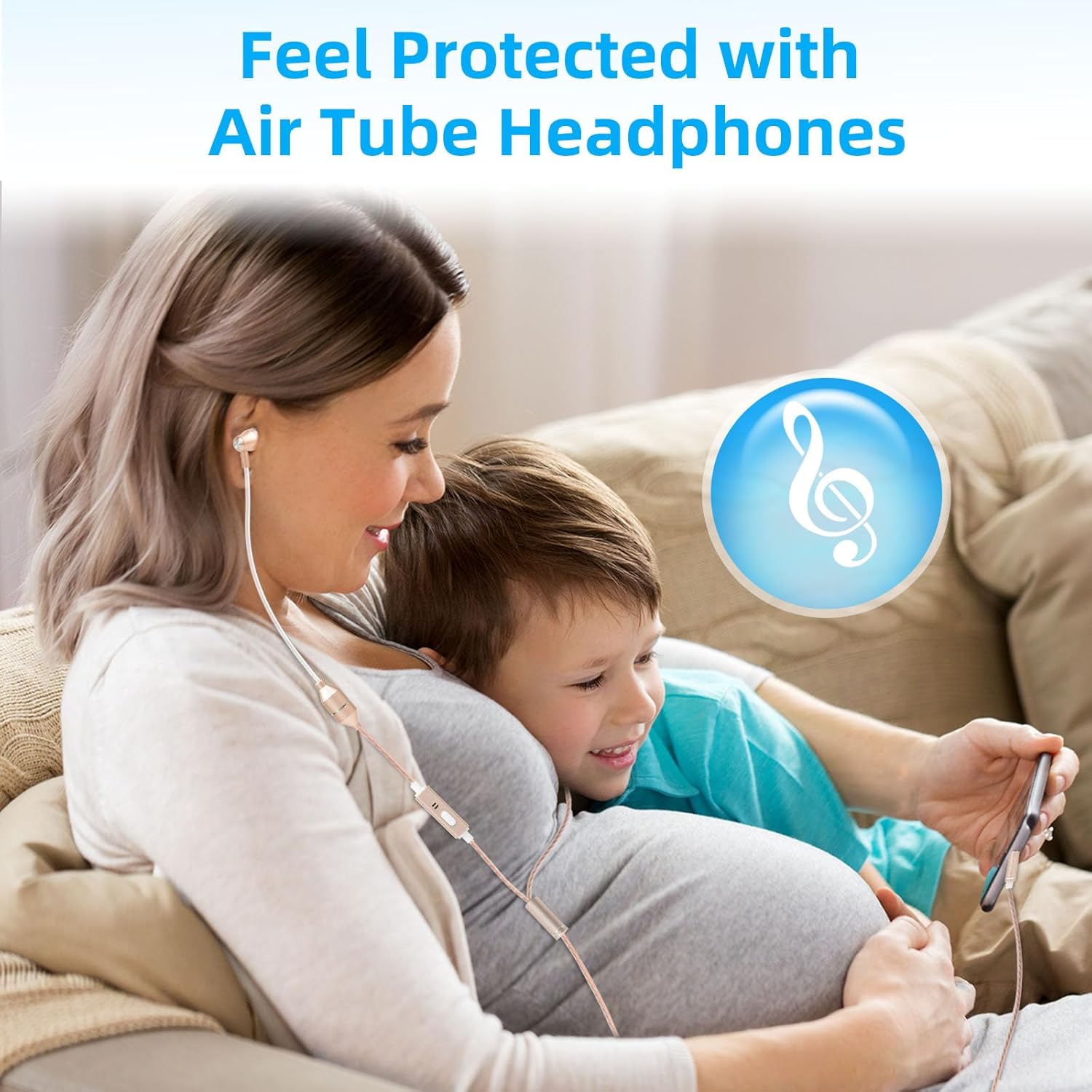 ibrain Air Tube Headphones Air Tube Earbuds for Protection Airtube Headset with Microphone in Ear Earphones Wired Compatible with 3.5mm Jack for Safe and Healthy Listening - Gold