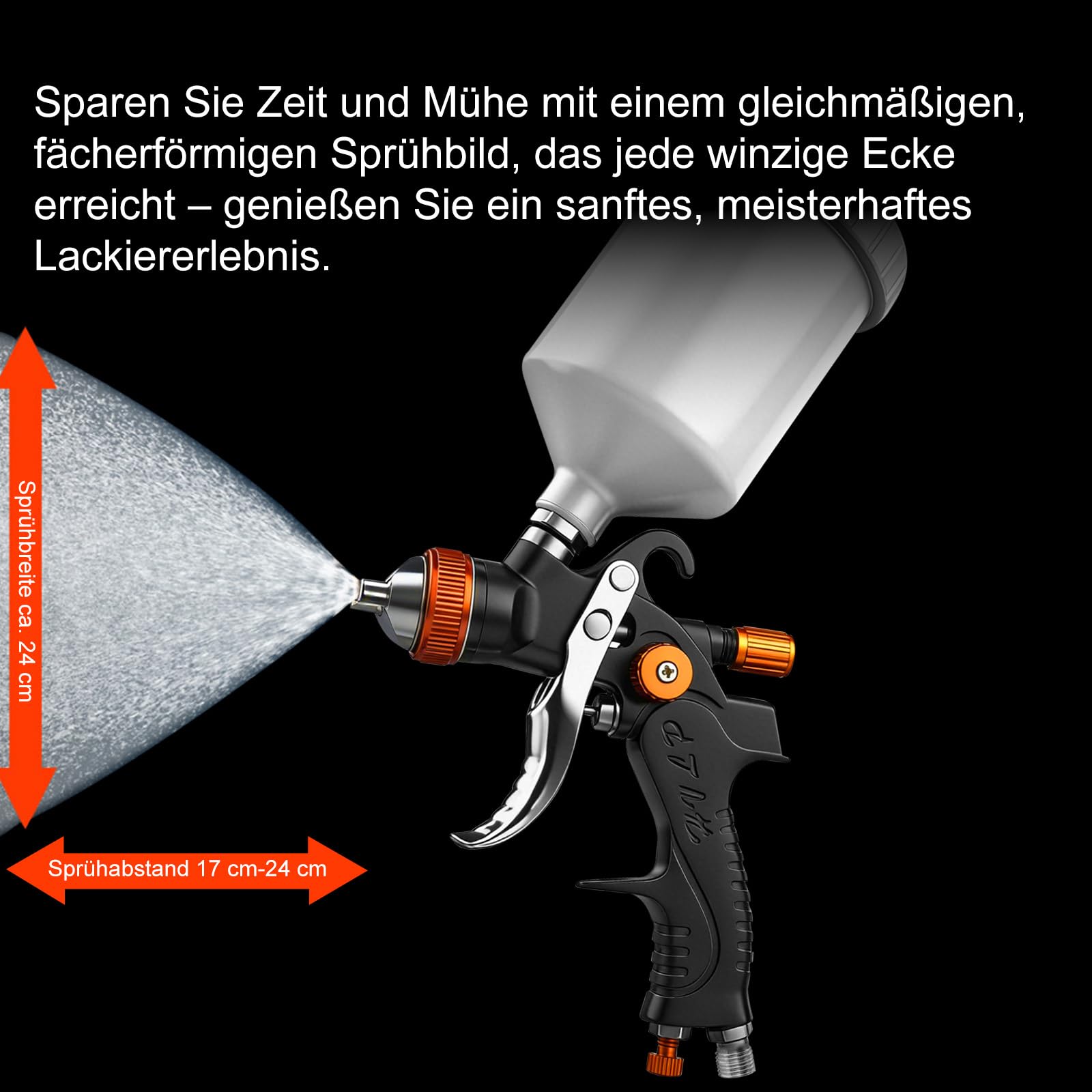 Professionelles HVLP Lackierpistole Set (Fließbecher) mit 1,4/1,7/2,0/2,5 mm Düsen, 600ML Fassungsvermögen und Manometer–Ideal für Autolacke/Grundierungen/Klarlacke/Decklacke (orange/schwarz)