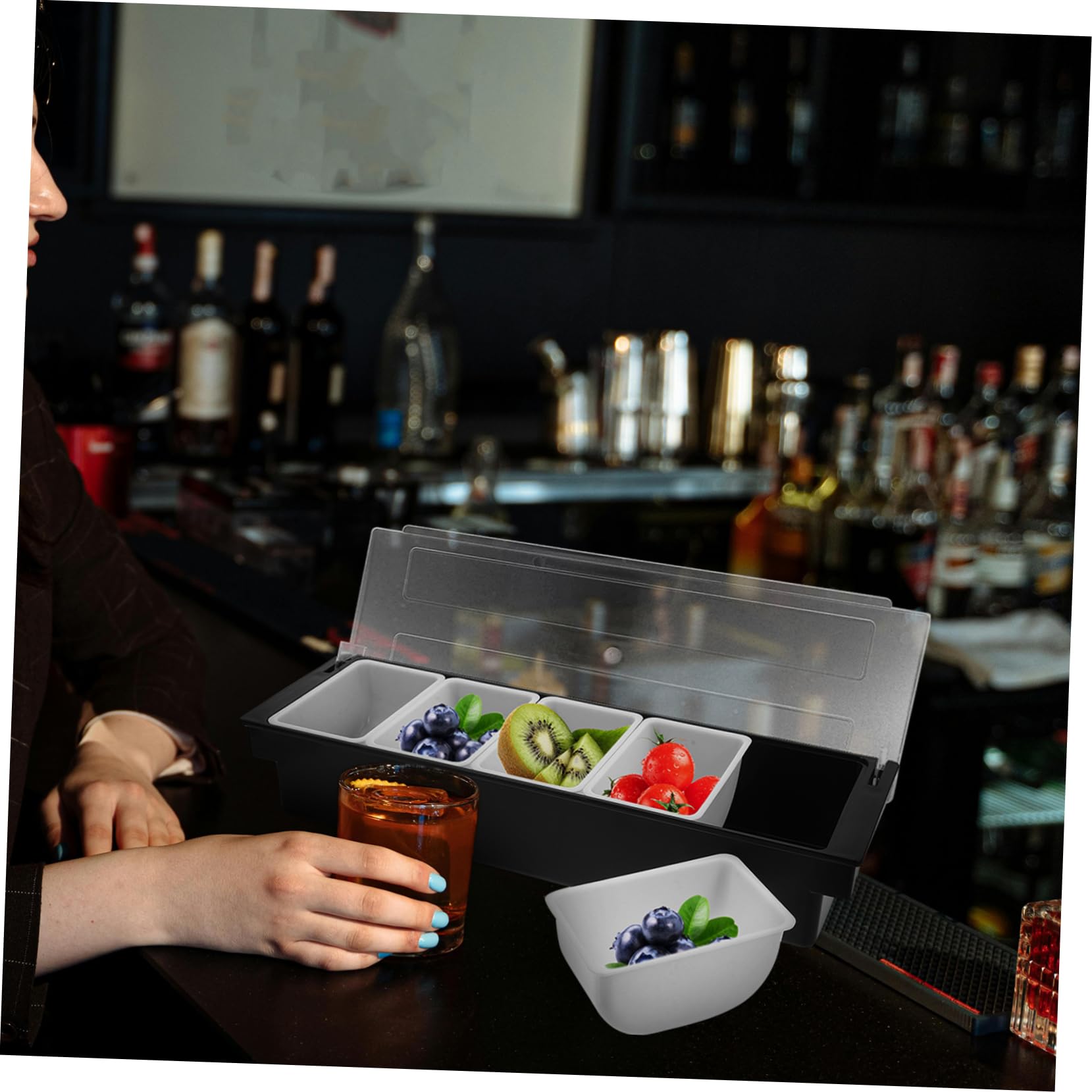 Mikikit Boîte Compartimentée 5 Cases en Plastique Robuste avec Couvercle Hermétique, Récipient Alimentaire Polyvalent pour Condiments et Fruits Secs, pour Bar et Service en Restauration