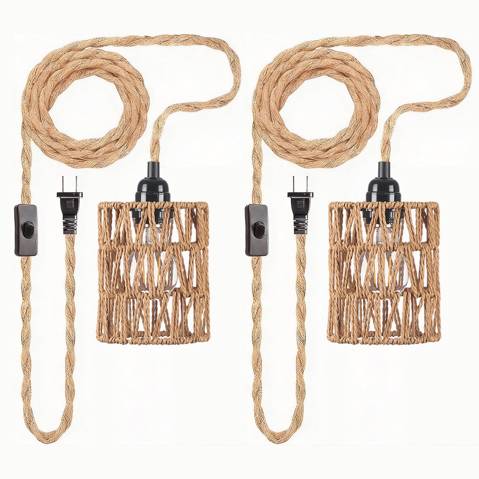 2 Pack Plug in Woven Rope Pendant Light Shades, E27 Socket, 3.5m Cord with Inline Switch, Boho Farmhouse Hanging Lights for Bedroom Dining Room Living Room