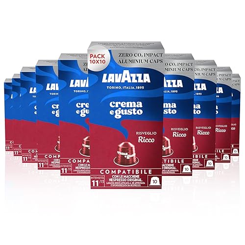 Immagine del prodotto Lavazza, Crema e Gusto Ricco, 100 Capsule in Alluminio Compatibili con Macchine Nespresso Original, con Note di Cioccolato, Legno e Spezie, Arabica e Robusta, Intensità 11, Tostatura Scura