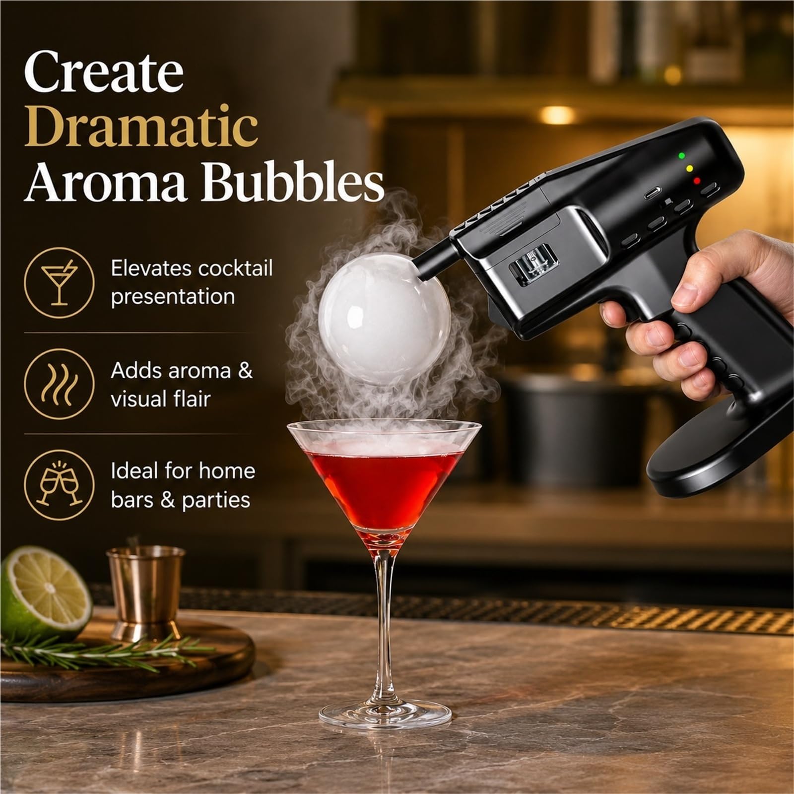 Ahumador de Cócteles Eléctrico Pistola de Burbujas de Humo Comestibles Kit para Bebidas y Comida Herramienta Profesional de Barman y Cocina para Gin Tonic y BBQ