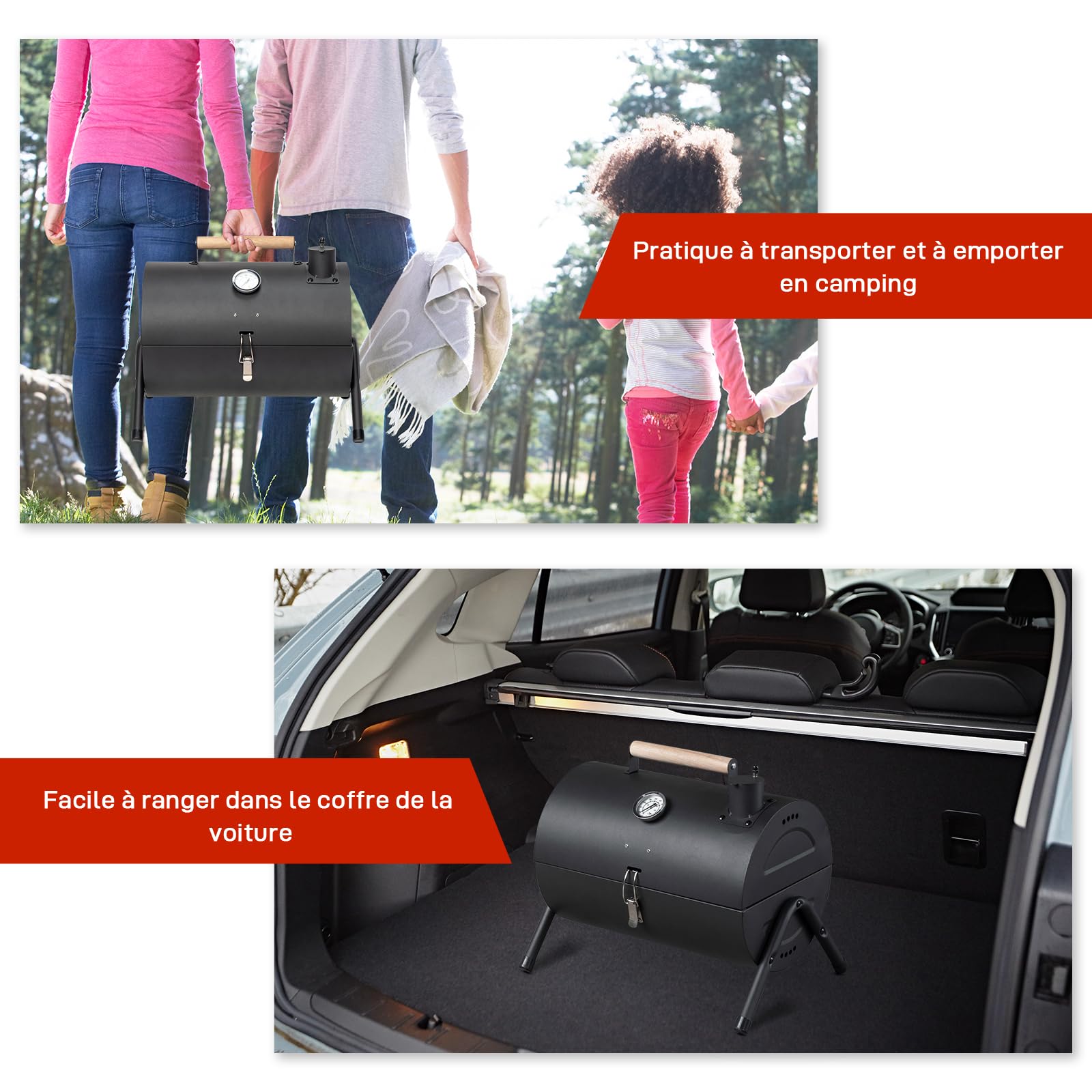 LEADZM Barbacoa de carbón portátil con termómetro y asa de madera, barbacoa compacta de mesa para camping al aire libre y jardín, 34×22 cm