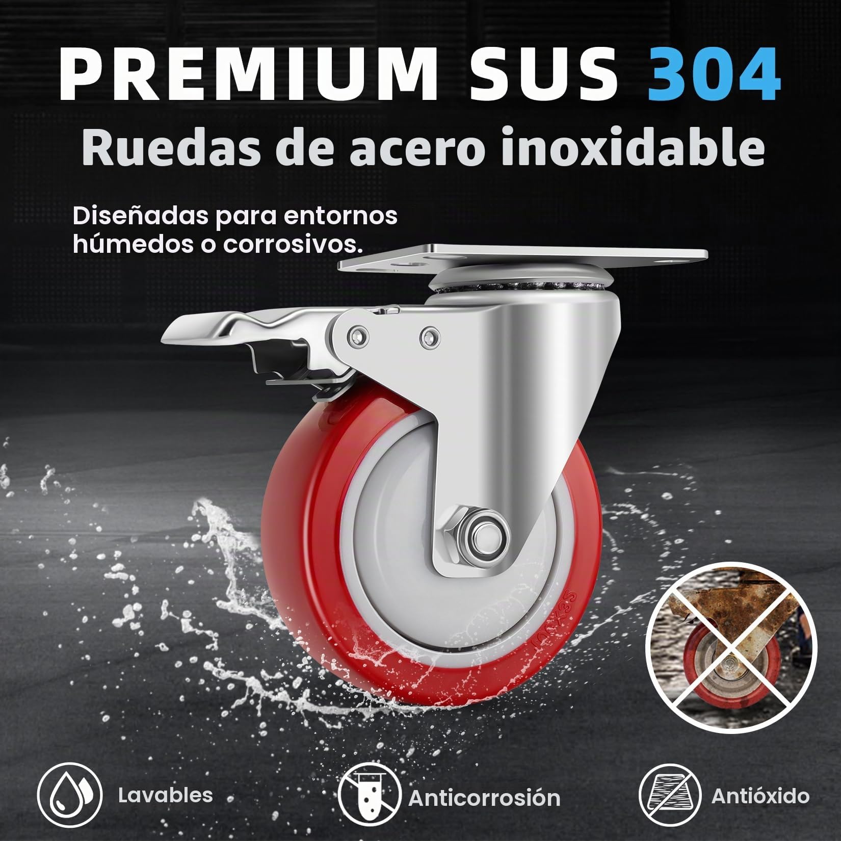 W B D WEIBIDA Ruedas Giratorias Pesadas 800KG Capacidad, 100mm Acero Inoxidable Anti-Corrosión Ruedas para Mover Muebles con Freno, Rostproof Ruedas Industriales para Fábricas, Hospitales y Hoteles