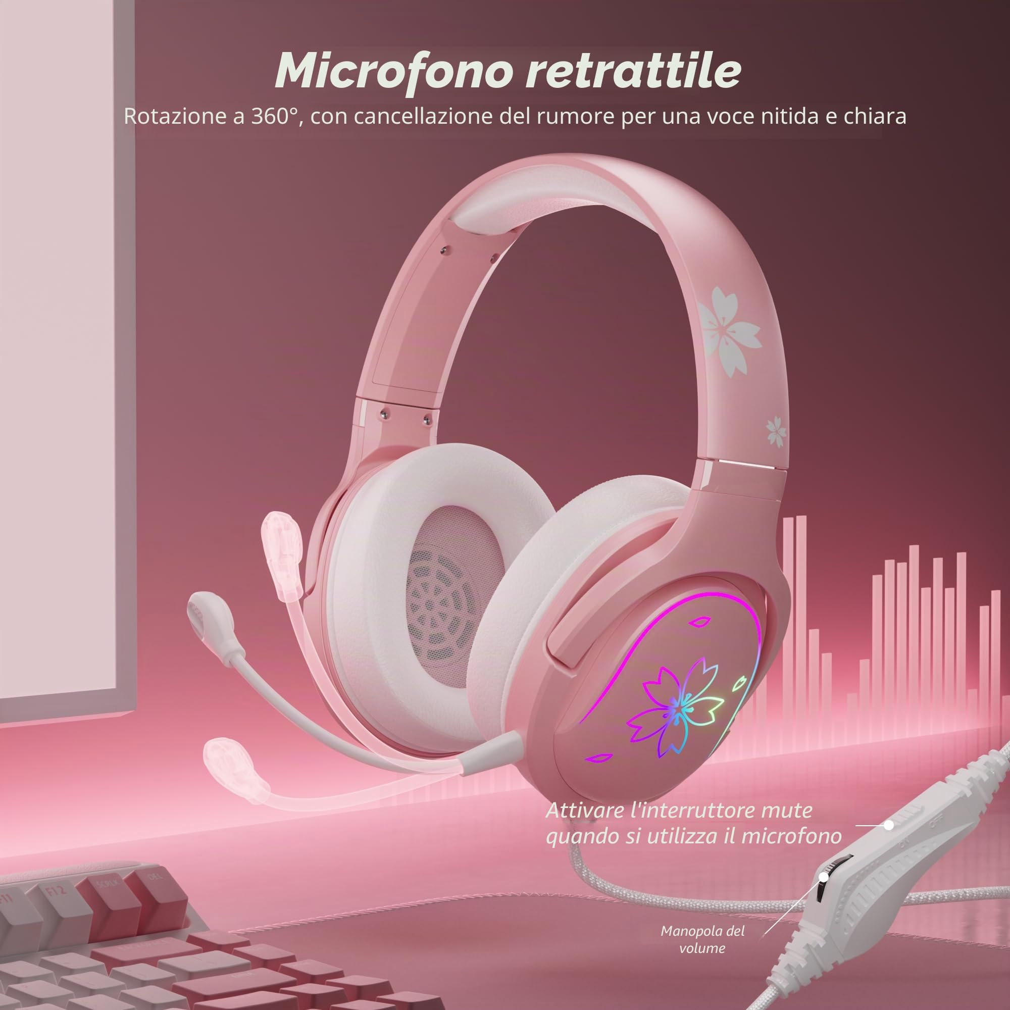 Mytrix Cuffie rosa con LED RGB che si illuminano carine cuffie per bambini cablate con microfono, cuffie regolabili over-ear per ragazze, cuffie per interruttore/PC/telefono/iPad/studio/viaggi