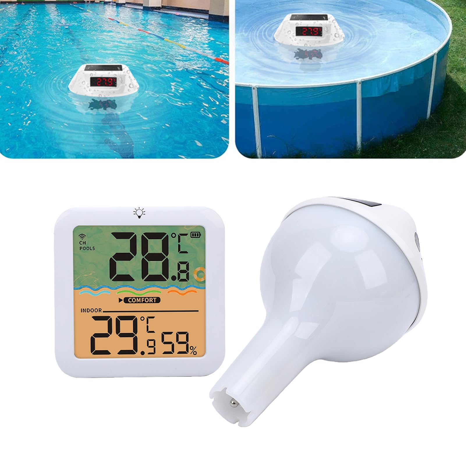 Tangxi Termómetro Solar Digital para Piscina Termómetro Flotante para Piscina con Luces RGB Alimentadas por Energía Solar Pantalla Digital Temperatura Interior Exterior Humedad para (WHITE)