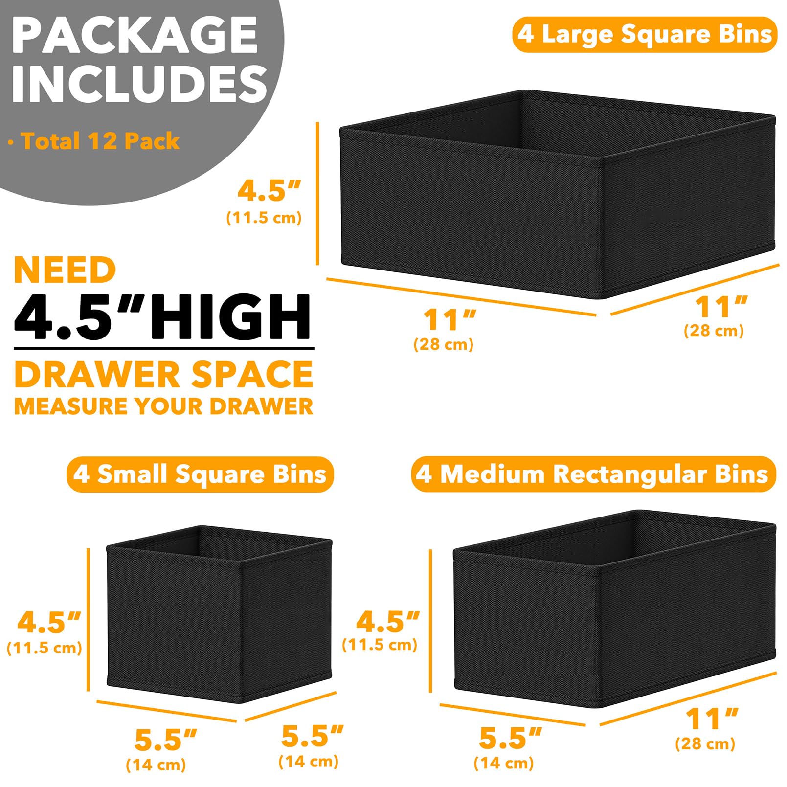 SpaceAid Organizer per cassetti per vestiti, confezione da 12 contenitori per cassetti, organizer per armadio e divisori per vestiti, biancheria intima, calzini (nero)