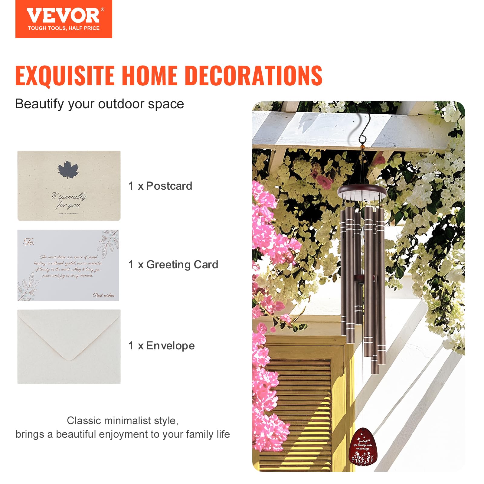 VEVOR Campanelli Eolici per Esterni 1067 mm Campanelli Eolici dai Toni Profondi con 6 Tubi, Decorazioni per Patio, Portico, Giardino, Marrone Scuro
