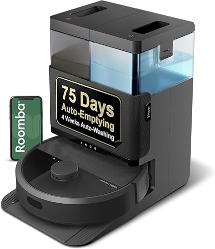 iRobot Roomba Plus 405 review showing AutoWash dock with spinning mop pads self-emptying and pad washing system