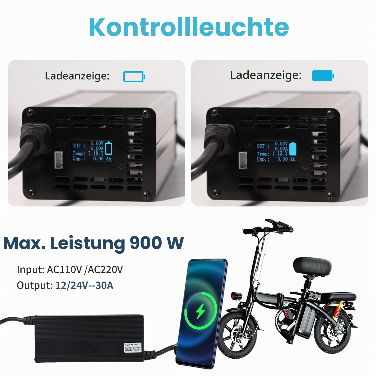 15 Amp Lithium-Batterie-Ladegerät 12V-88V verstellbares | LiFePO4 Lithium-Batterie-Ladegerät mit OLED-Display speziell für Elektromotorräder entwickelt Elektroroller Touring Cars
