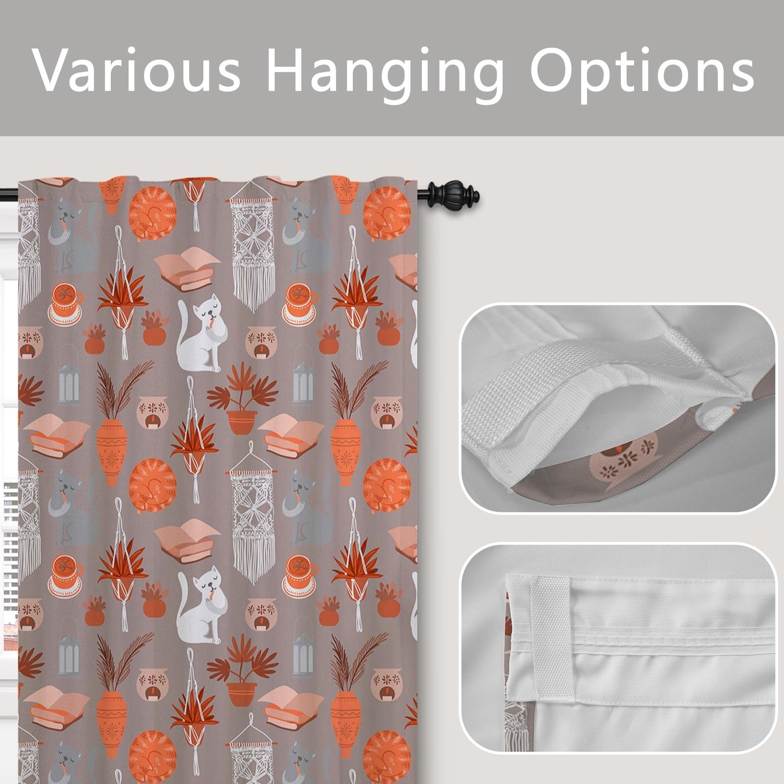 ggaimwf 42"x 63" Pencil Pleat Curtain Bohemian Cute Cat Potted Plants Book Hand Drawing Sweet Hoom Ethnic Exotic Style Light Filtering Linen Look Window Drapes for Bedroom Living Room,1-Single Panel - Image 4
