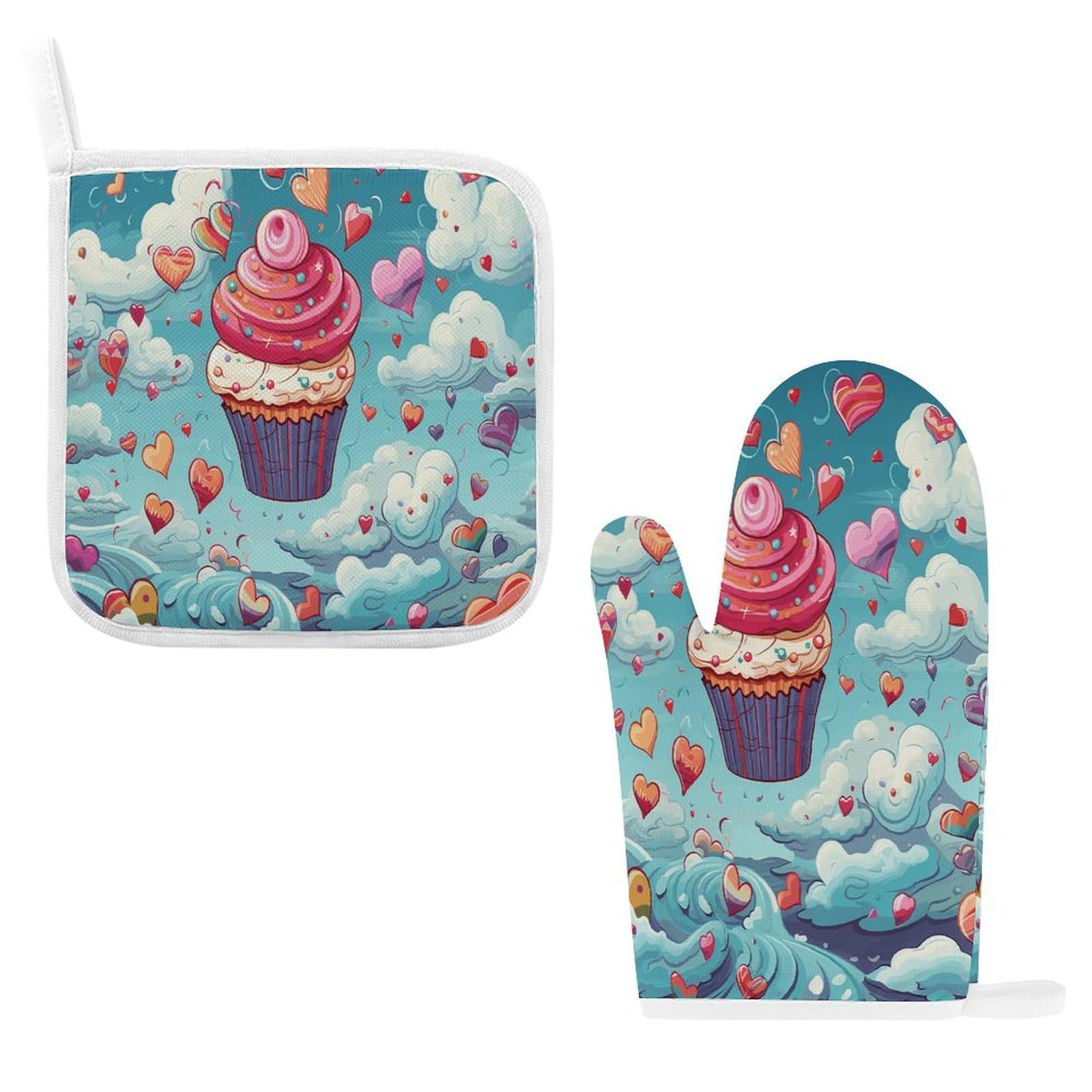 Btcowzrv Style Heart Shape And Clouds Oven Mitts And Pot Holders 2Pcs Set
