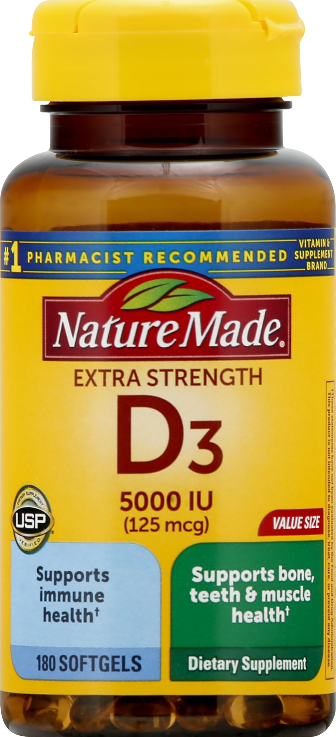 Extra Strength Vitamin D3 5000 IU (125 mcg), 180 Softgels Value Size, High Potency Vitamin D Helps Support Immune Health, Strong Bones and Teeth, & Muscle Function